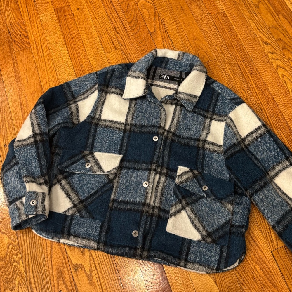 Zara Blue and White Plaid Jacket Cropped Style